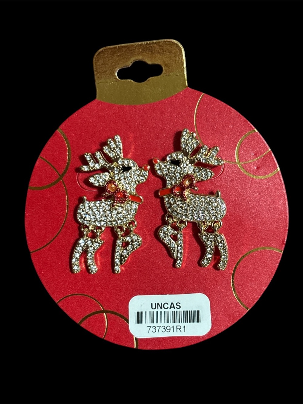 Festive Gold Tone Rhinestone Reindeer Earrings